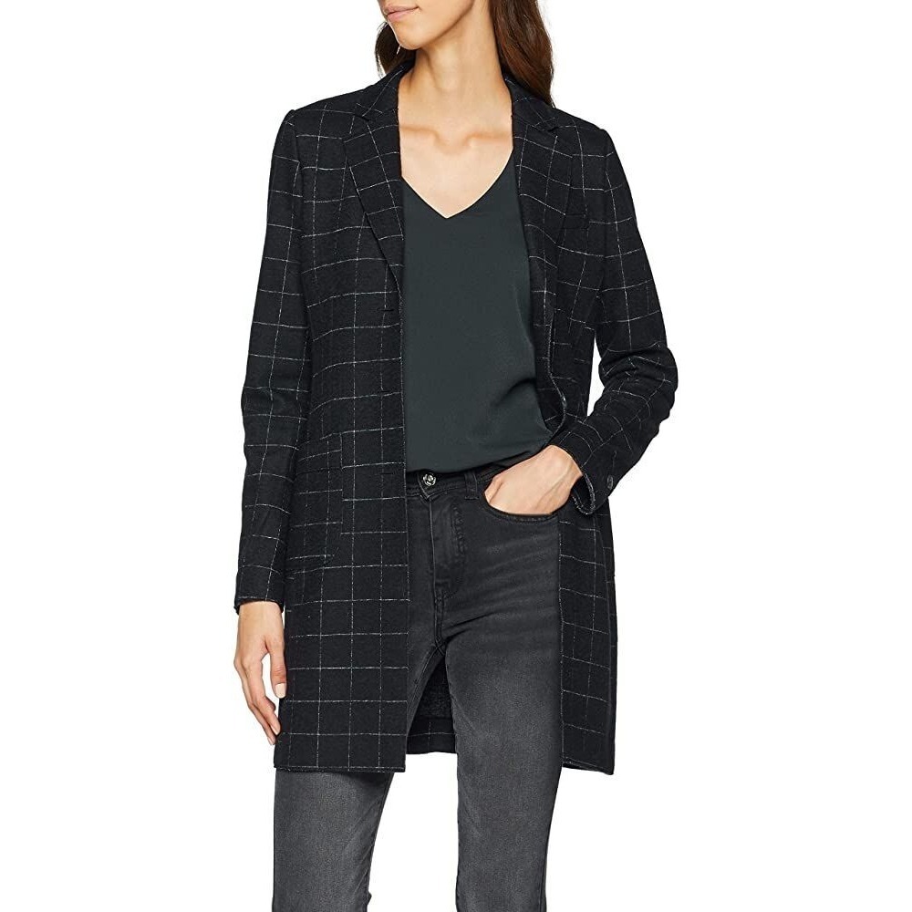 Opus Haley Window Check Blazer Women 38 Blue Longline Wool Jacket Vintage Scandi - Picture 2 of 9